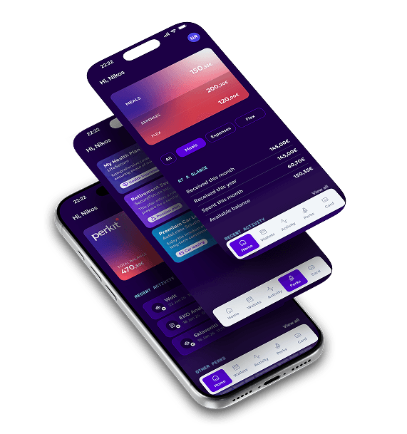 Τρεις οθόνες του app Perkit με πορτοφόλια, παροχές και αρχική